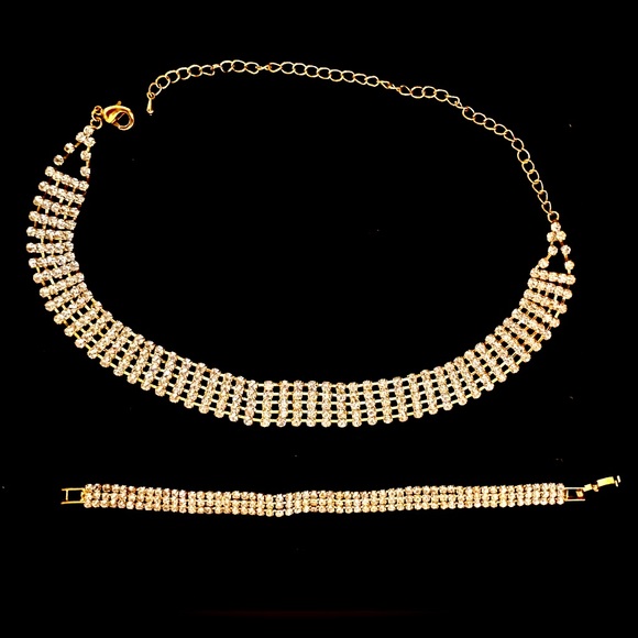 NWOT Gold Rhinestone Choker Necklace, 4 Rows & Tennis Bracelet Adjustable12-17” - Picture 5 of 7